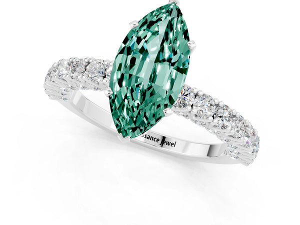 Silver Marquise Cut Diamond Pavé Band Solitaire Ring with Prong Setting