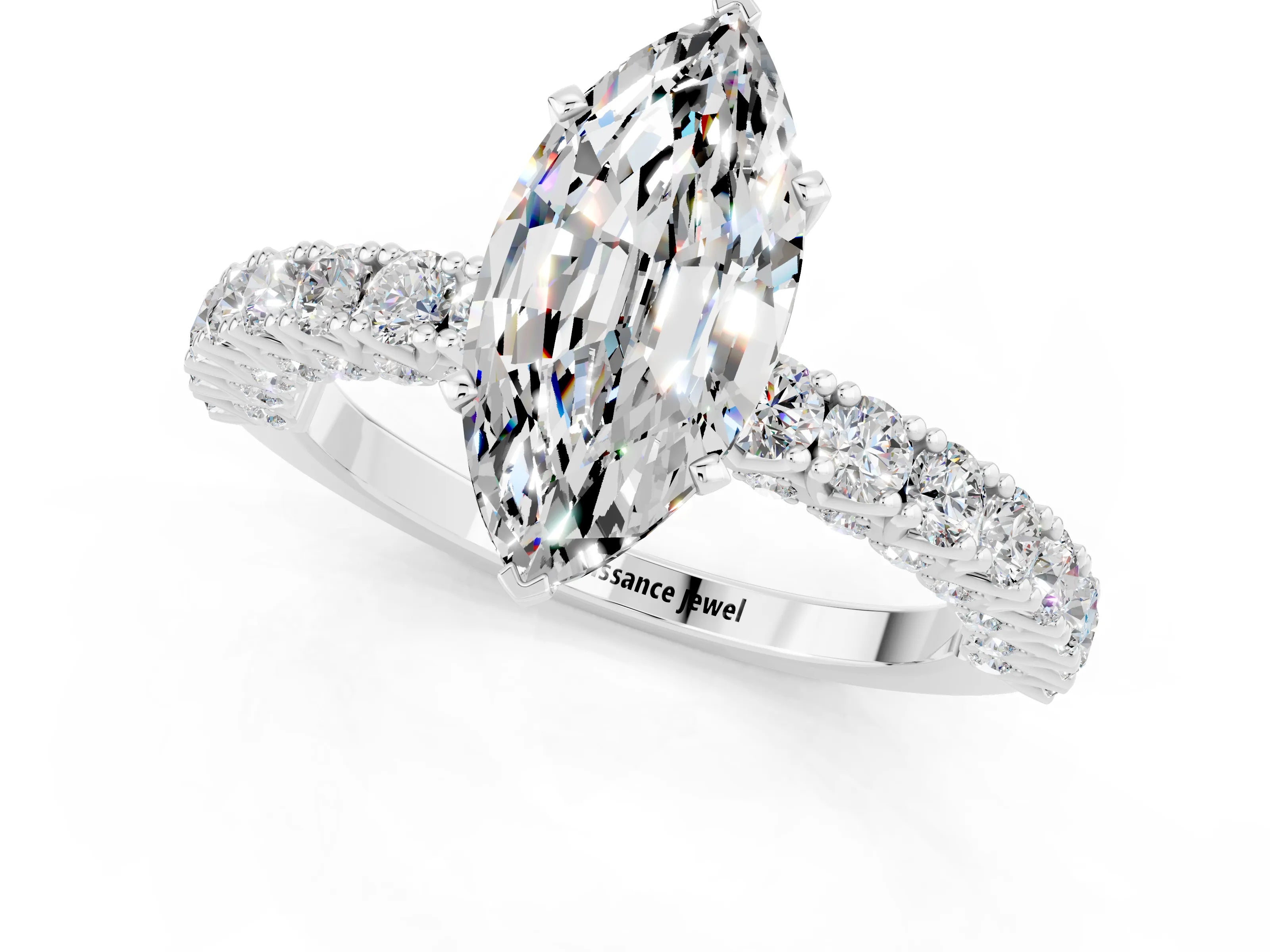 White gold Marquise Cut Diamond Pavé Band Solitaire Ring with Prong Setting_1