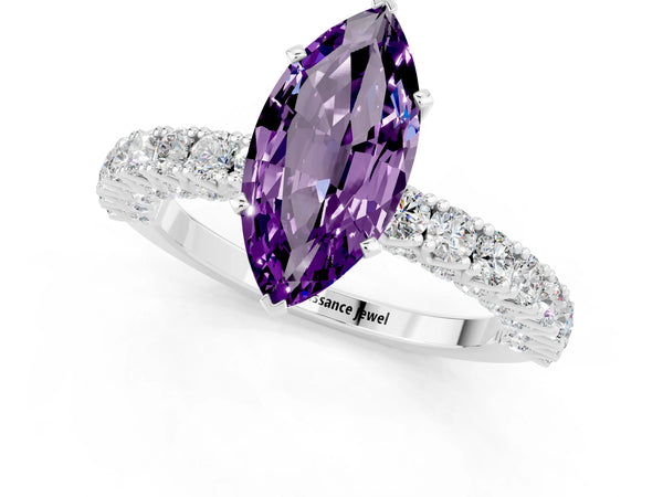 Platinum Marquise Cut Amethyst Solitaire Ring with Round Accent Pavé Band and Prong Setting