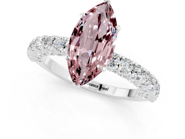 Silver Marquise Cut Diamond Pavé Band Solitaire Ring with Prong Setting