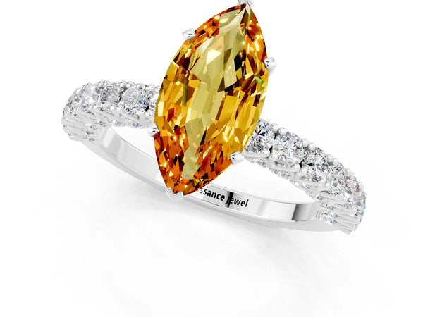 White gold Marquise Cut Diamond Pavé Band Solitaire Ring with Prong Setting