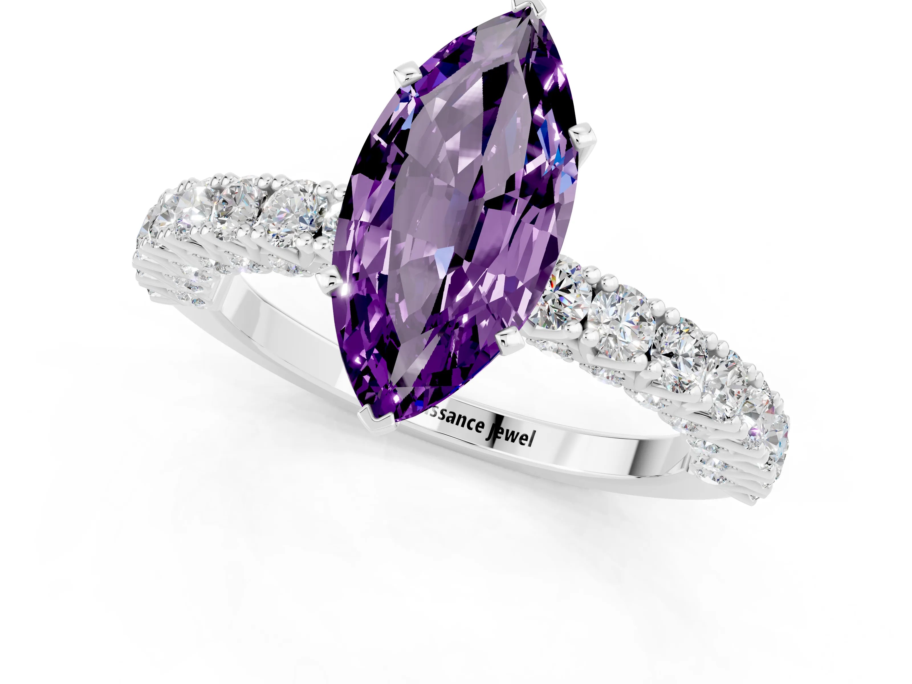 White gold Marquise Cut Diamond Pavé Band Solitaire Ring with Prong Setting_1