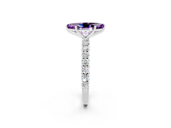 White gold Marquise Cut Amethyst Solitaire Ring with Round Accent Pavé Band and Prong Setting