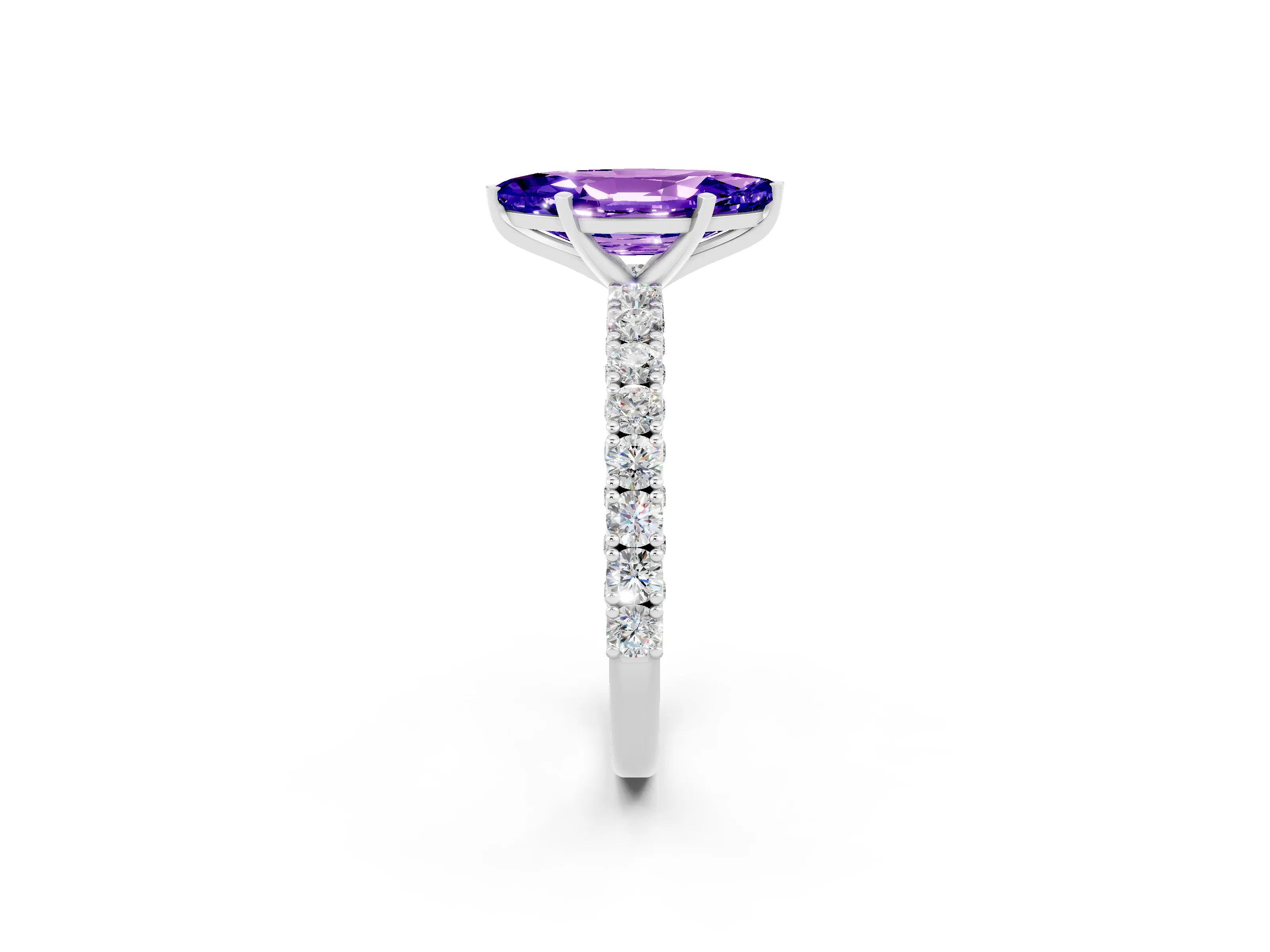 White gold Marquise Cut Diamond Pavé Band Solitaire Ring with Prong Setting_2