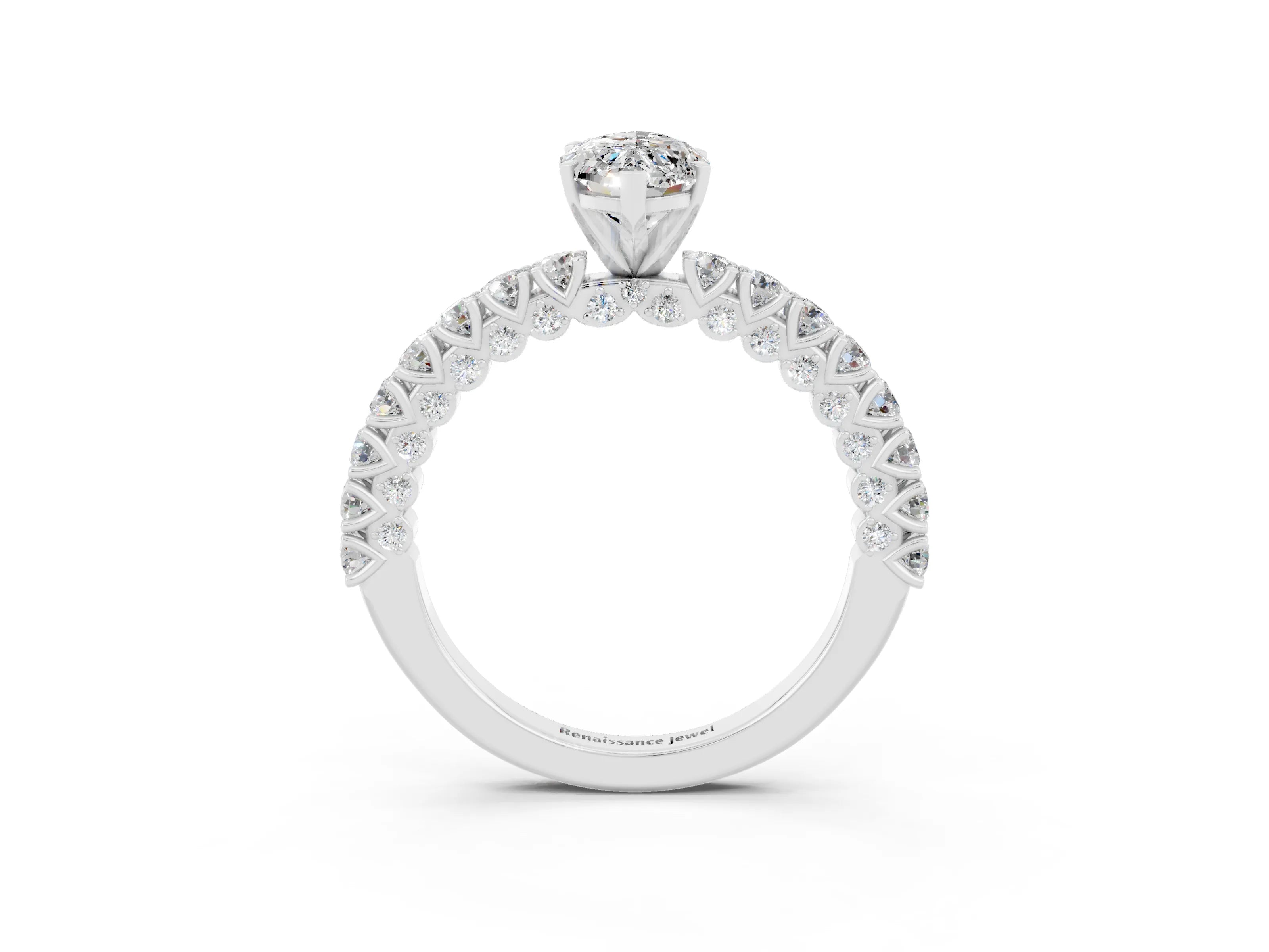 White gold Marquise Cut Diamond Pavé Band Solitaire Ring with Prong Setting_3