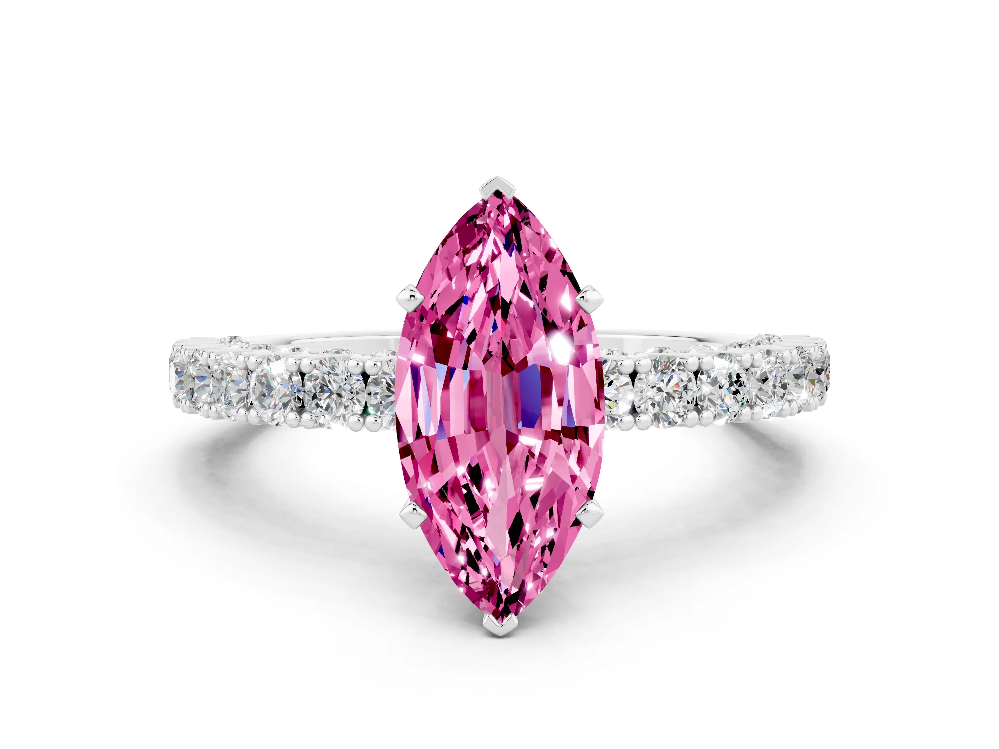 White gold Marquise Cut Diamond Pavé Band Solitaire Ring with Prong Setting