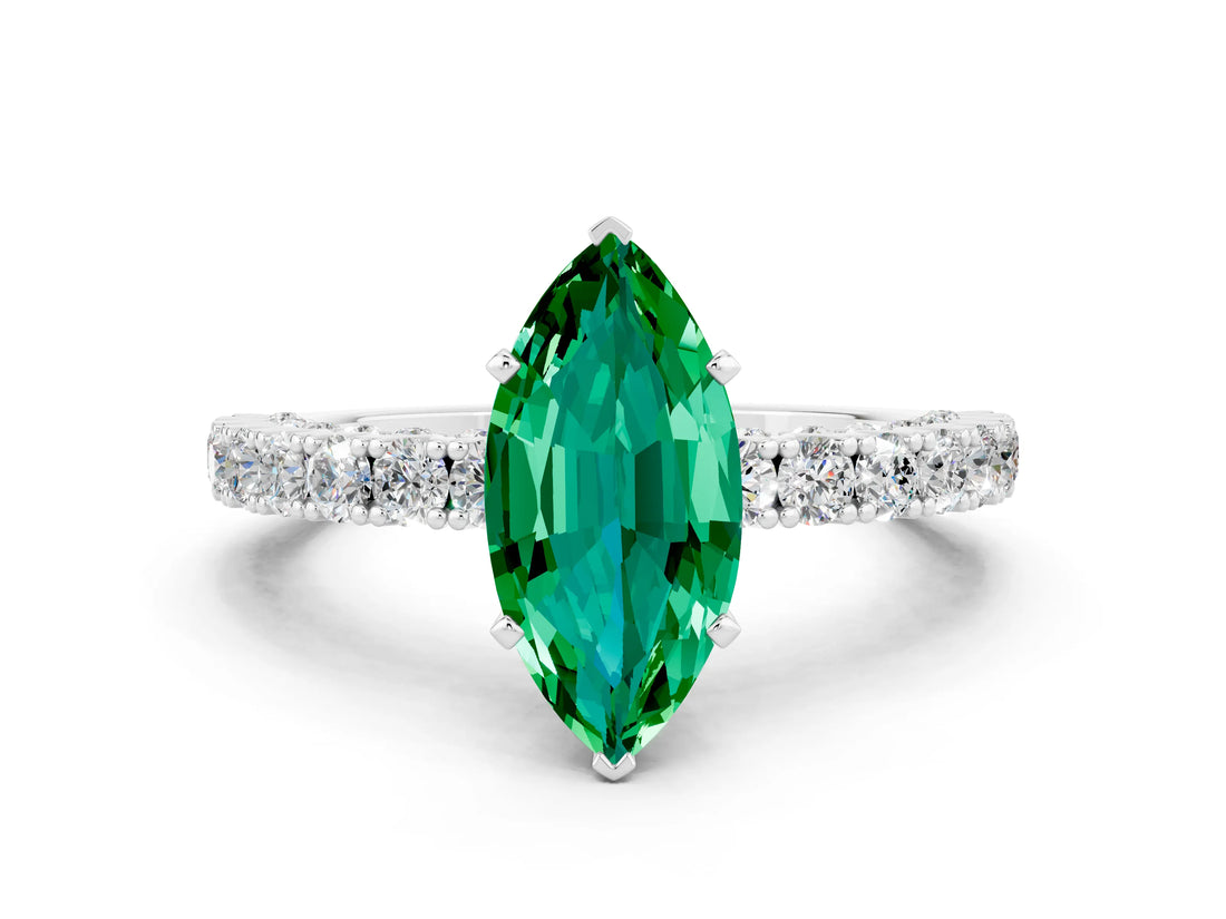 White gold Marquise Cut Diamond Pavé Band Solitaire Ring with Prong Setting
