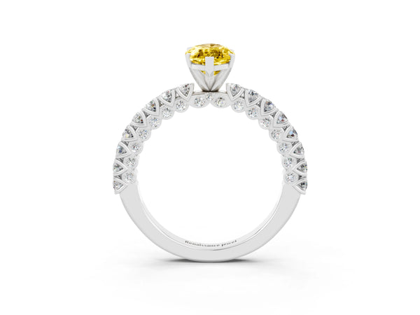 Silver Marquise Cut Diamond Pavé Band Solitaire Ring with Prong Setting