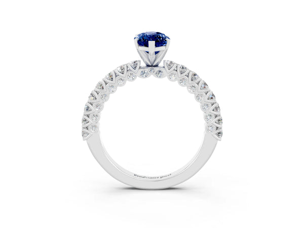 White gold Marquise Cut Diamond Pavé Band Solitaire Ring with Prong Setting
