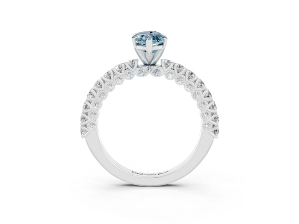 Silver Marquise Cut Diamond Pavé Band Solitaire Ring with Prong Setting