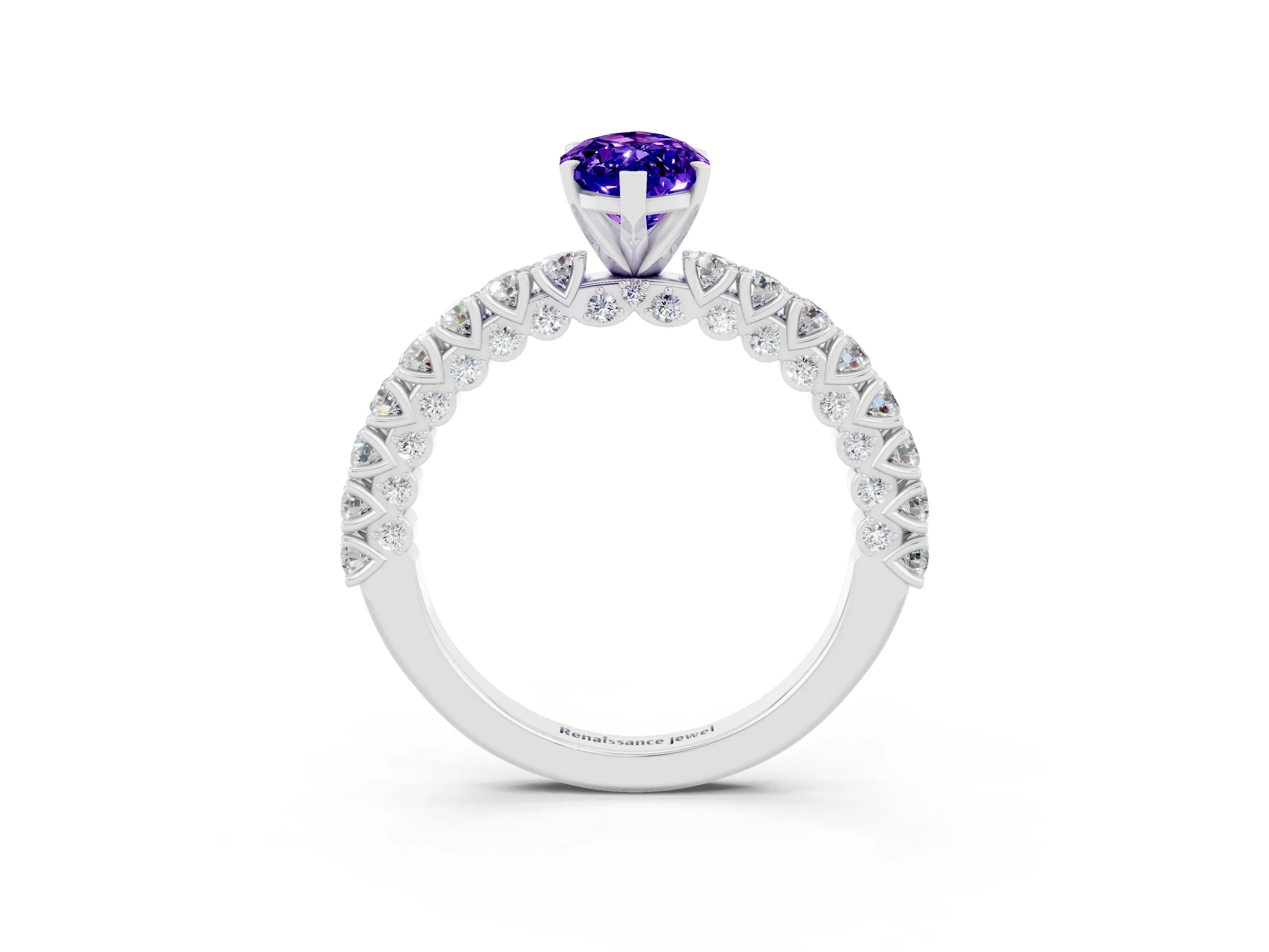 White gold Marquise Cut Diamond Pavé Band Solitaire Ring with Prong Setting_3