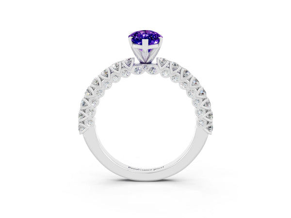 White gold Marquise Cut Diamond Pavé Band Solitaire Ring with Prong Setting