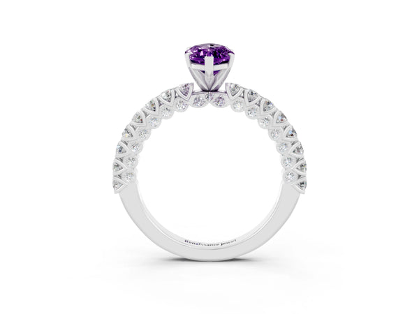 Silver Marquise Cut Amethyst Solitaire Ring with Round Accent Pavé Band and Prong Setting