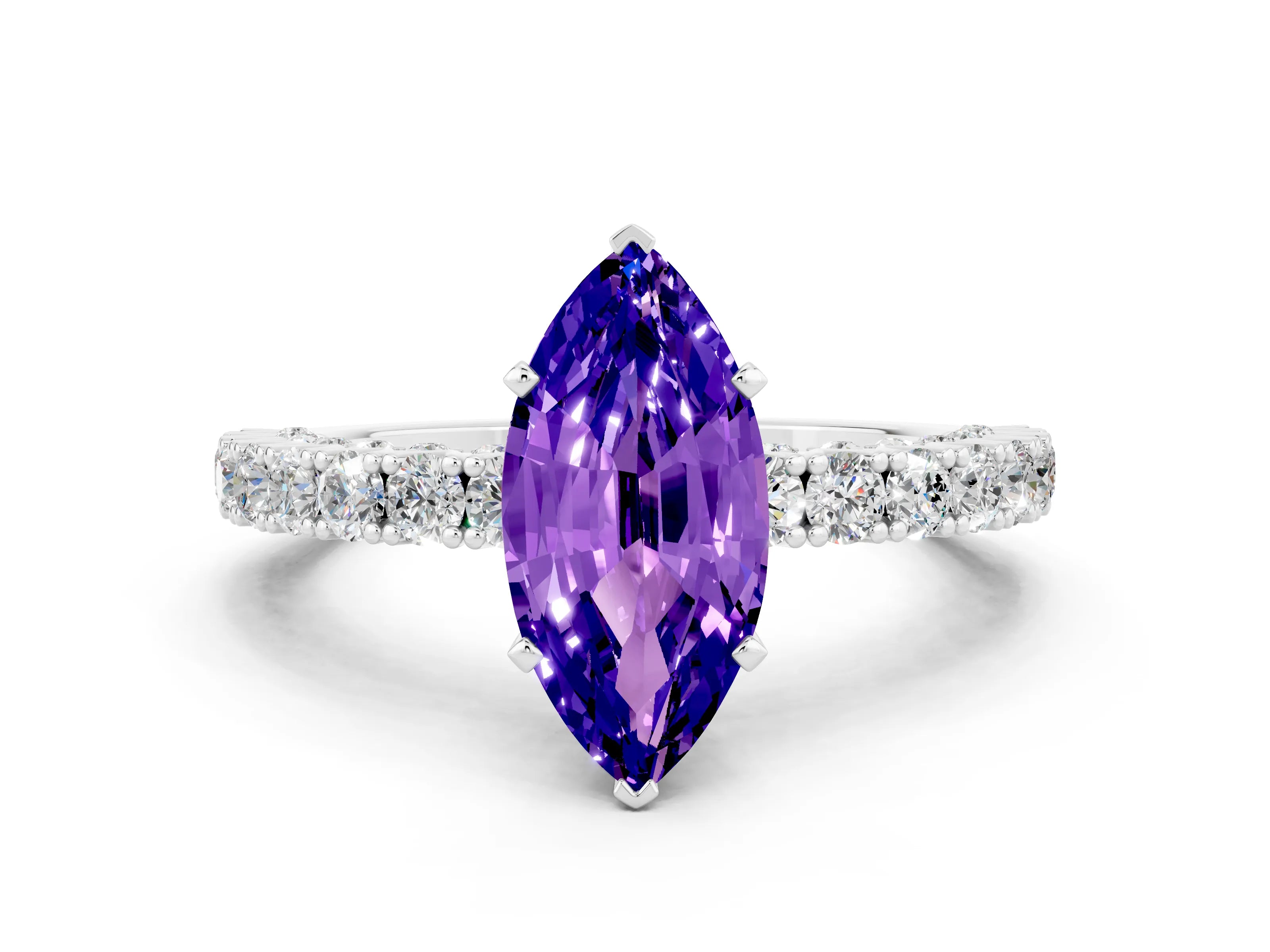 White gold Marquise Cut Diamond Pavé Band Solitaire Ring with Prong Setting
