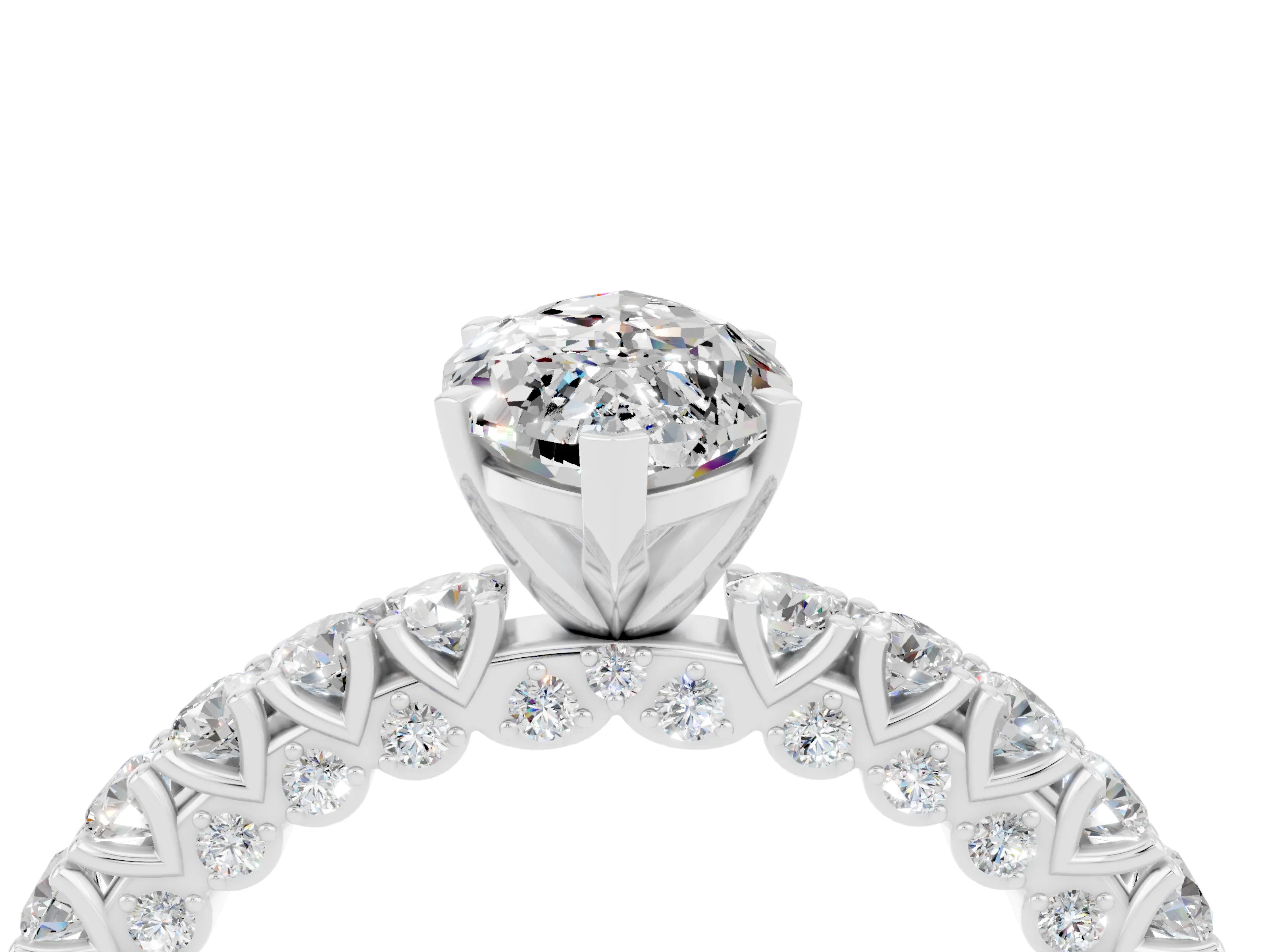 White gold Marquise Cut Diamond Pavé Band Solitaire Ring with Prong Setting_4