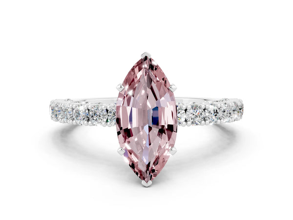 Silver Marquise Cut Diamond Pavé Band Solitaire Ring with Prong Setting