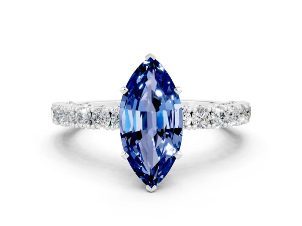 White gold Marquise Cut Diamond Pavé Band Solitaire Ring with Prong Setting