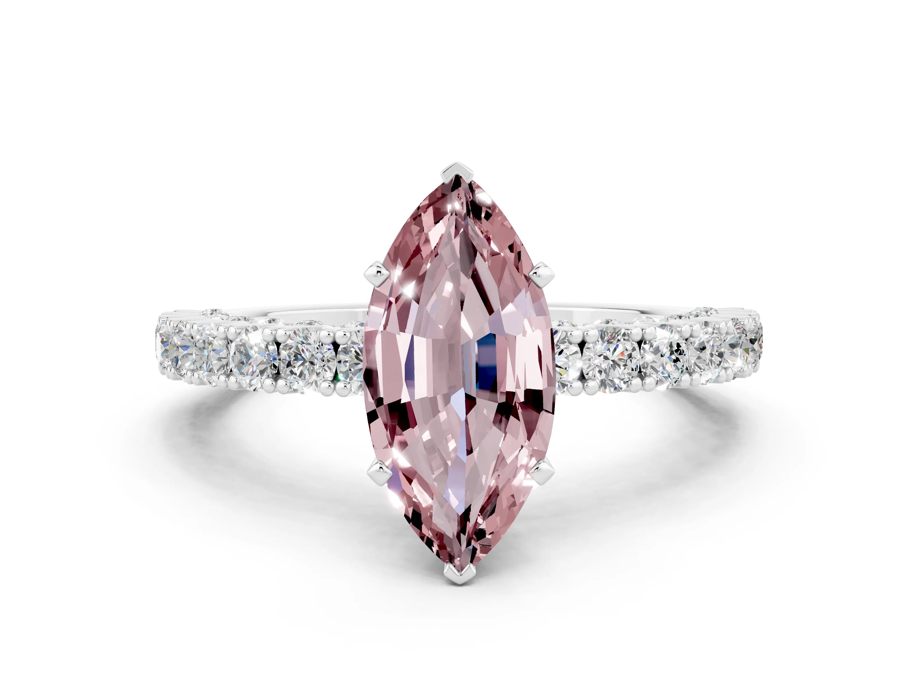 White gold Marquise Cut Diamond Pavé Band Solitaire Ring with Prong Setting