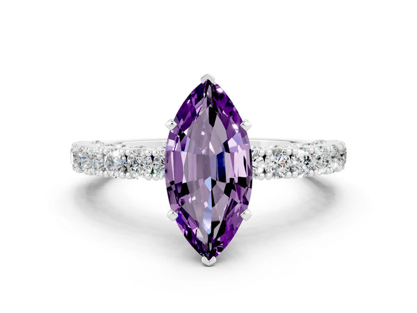 Platinum Marquise Cut Amethyst Solitaire Ring with Round Accent Pavé Band and Prong Setting