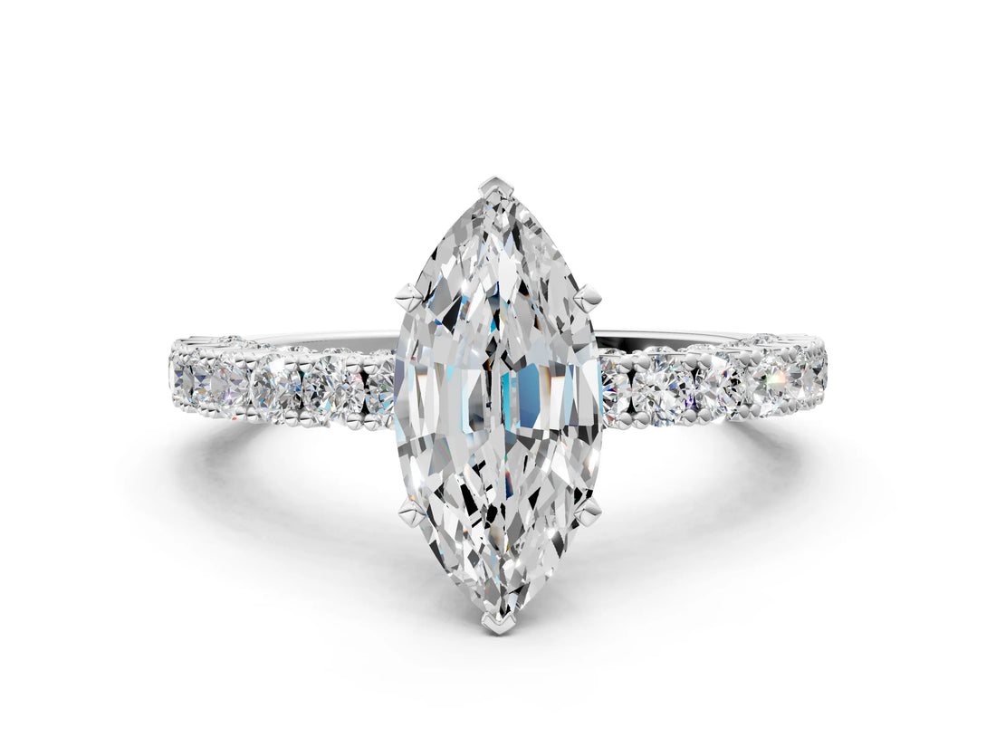 White gold Marquise Cut Diamond Pavé Band Solitaire Ring with Prong Setting_98
