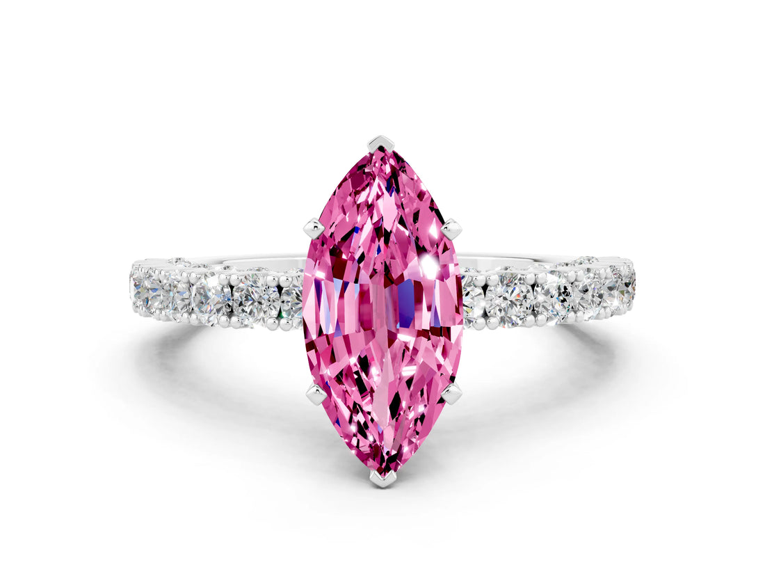 White gold Marquise Cut Diamond Pavé Band Solitaire Ring with Prong Setting