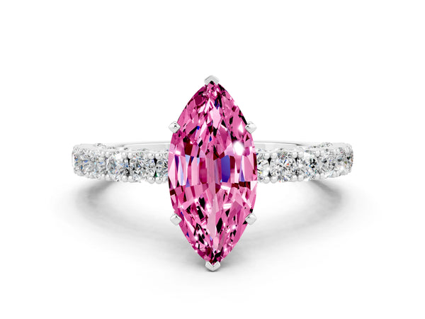 Silver Marquise Cut Diamond Pavé Band Solitaire Ring with Prong Setting