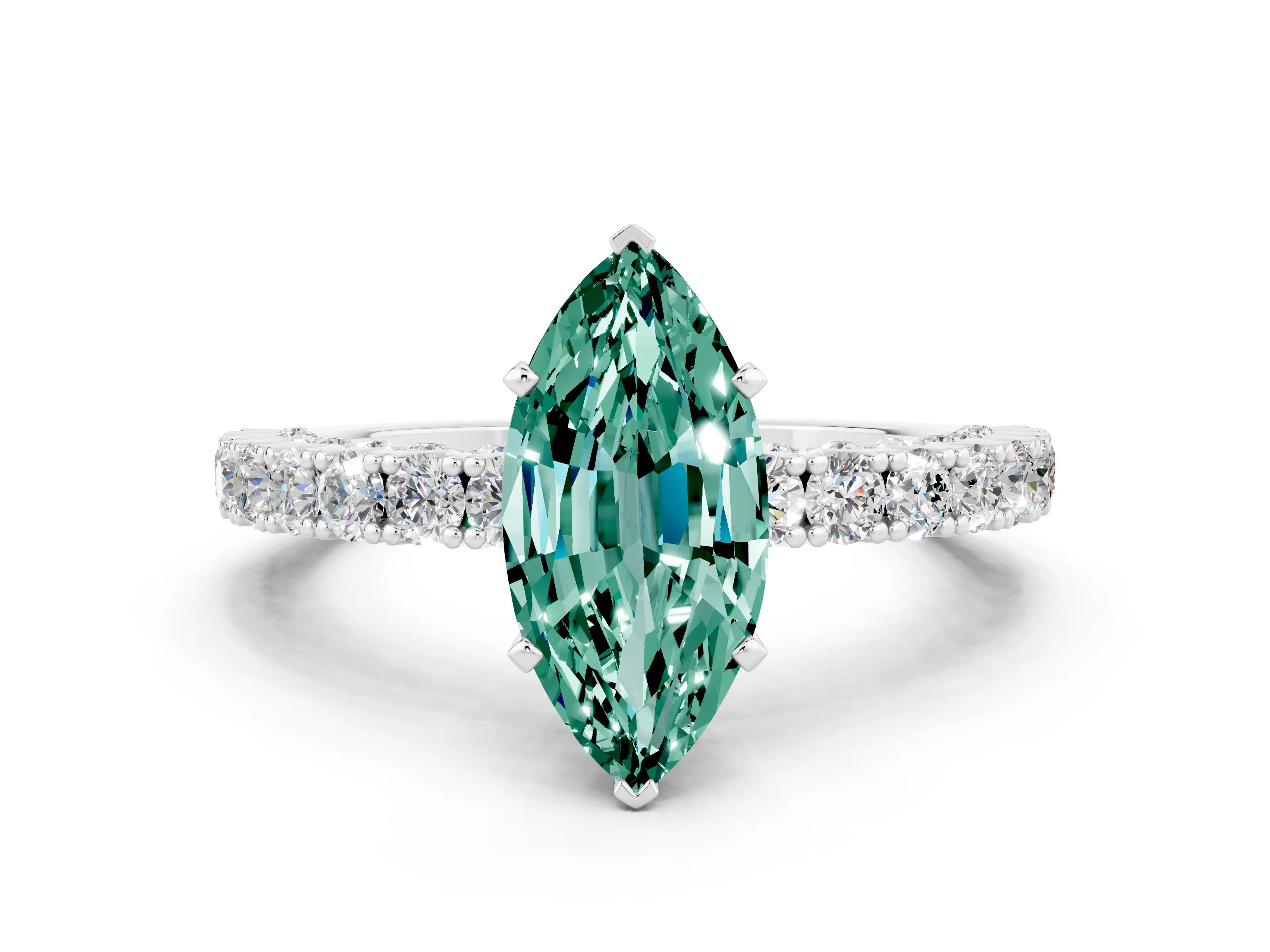 White gold Marquise Cut Diamond Pavé Band Solitaire Ring with Prong Setting