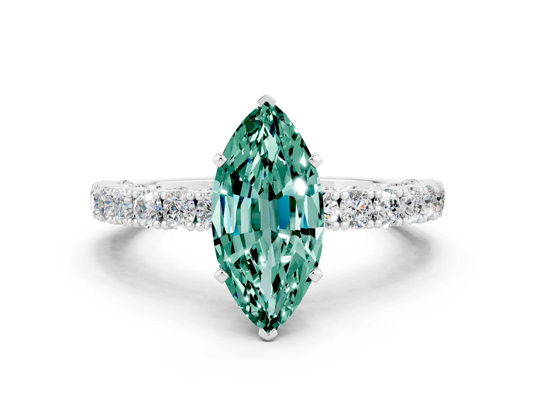 White gold Marquise Cut Diamond Pavé Band Solitaire Ring with Prong Setting