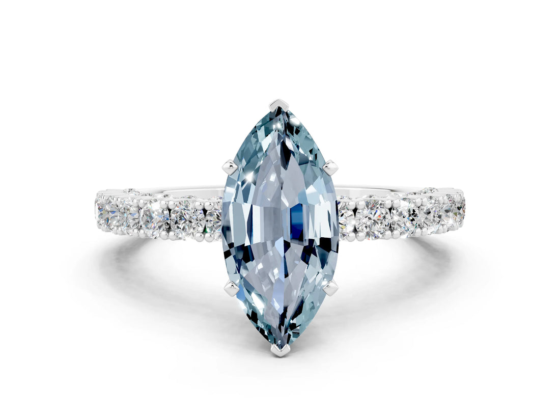 White gold Marquise Cut Diamond Pavé Band Solitaire Ring with Prong Setting