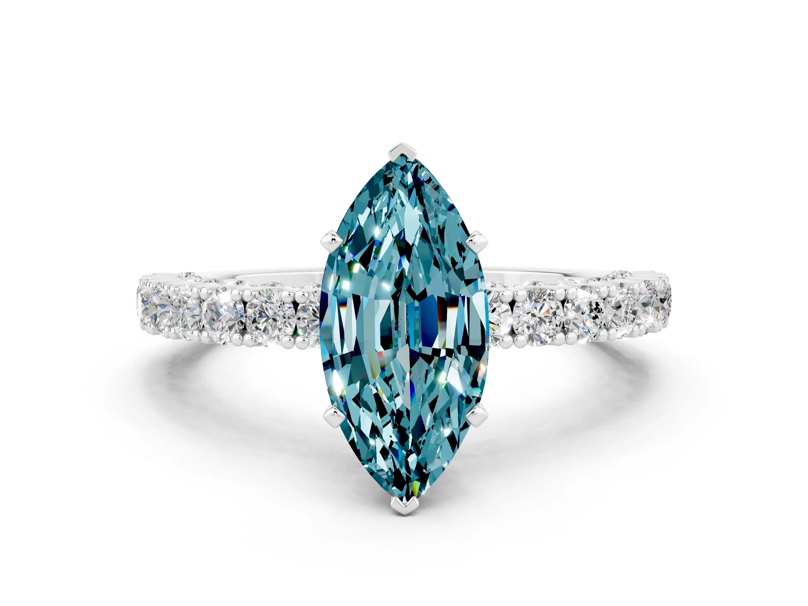 White gold Marquise Cut Diamond Pavé Band Solitaire Ring with Prong Setting