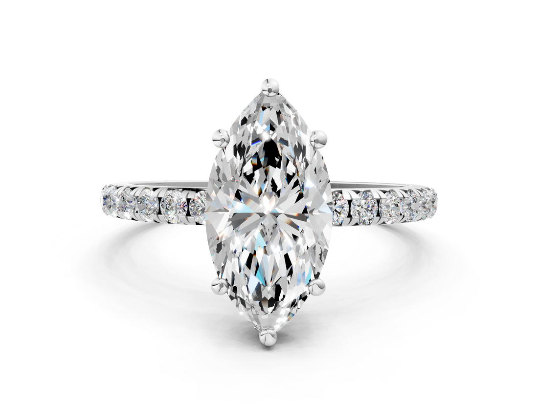 White gold Marquise Cut Diamond Pavé Band Solitaire with Four-Prong Setting_3