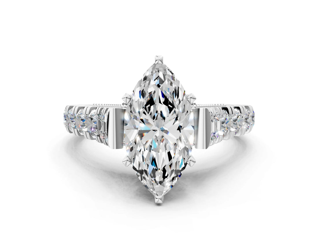 White gold Marquise Cut Diamond Pavé Band Solitaire with Four-Prong Setting_47