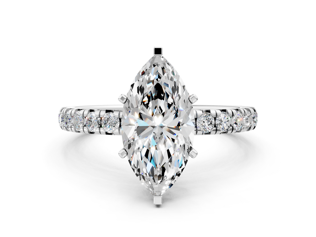 10K White Gold 4.01 Carat F VS1 Marquise Cut Diamond Pavé Band with Four-Prong Setting