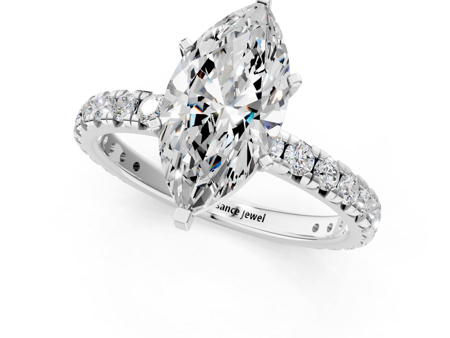 White gold Marquise Cut Diamond Pavé Band with Four-Prong Setting