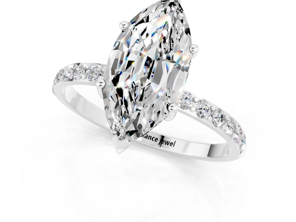 Platinum Marquise Cut Moissanite Solitaire Ring with Round Pavé Shoulders and Prong Setting