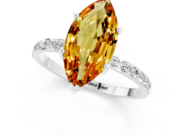 Platinum Marquise Cut Citrine Solitaire Ring with Round Pavé Shoulders and Prong Setting