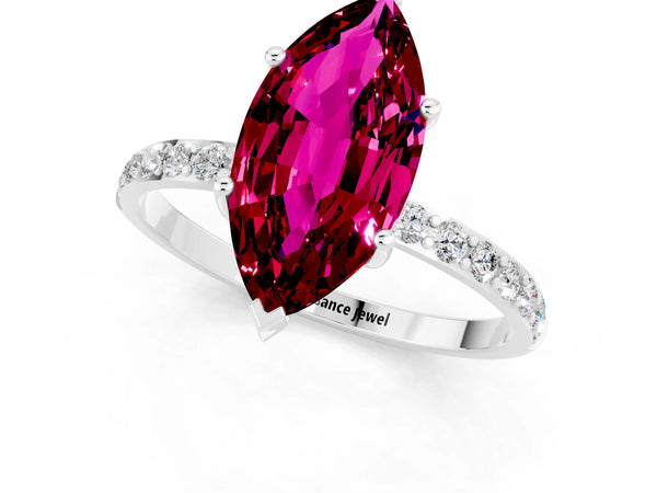 White gold Marquise Cut Garnet Solitaire Ring with Round Pavé Shoulders and Prong Setting