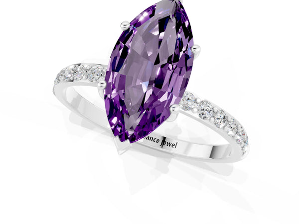 Platinum Marquise Cut Amethyst Solitaire Ring with Round Pavé Shoulders and Prong Setting