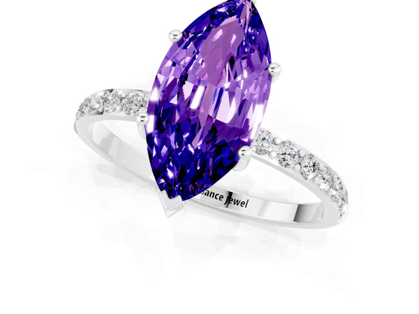 Silver Marquise Cut Tanzanite Solitaire Ring with Round Pavé Shoulders and Prong Setting