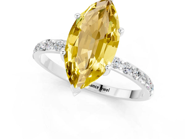 Platinum Marquise Cut Yellow Sapphire Solitaire Ring with Round Pavé Shoulders and Prong Setting