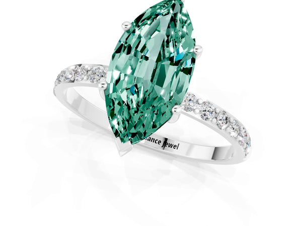 Platinum Marquise Cut Green Sapphire Solitaire Ring with Round Pavé Shoulders and Prong Setting