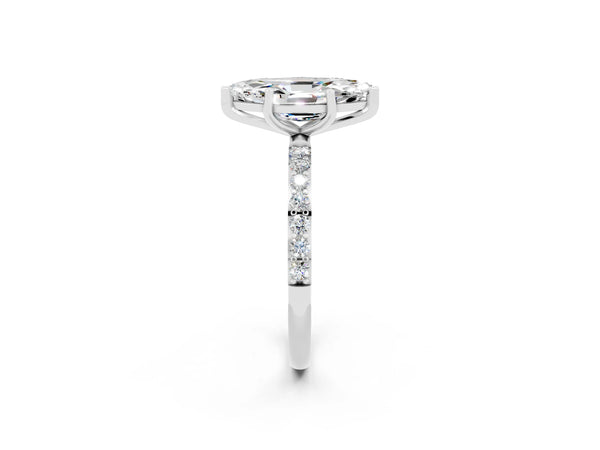 Platinum Marquise Cut Moissanite Solitaire Ring with Round Pavé Shoulders and Prong Setting