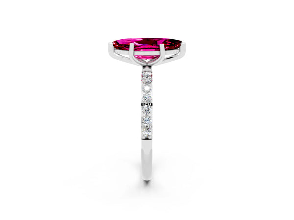 White gold Marquise Cut Garnet Solitaire Ring with Round Pavé Shoulders and Prong Setting