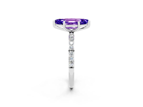 Silver Marquise Cut Tanzanite Solitaire Ring with Round Pavé Shoulders and Prong Setting