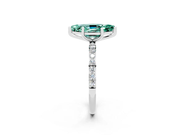 Silver Marquise Cut Green Sapphire Solitaire Ring with Round Pavé Shoulders and Prong Setting