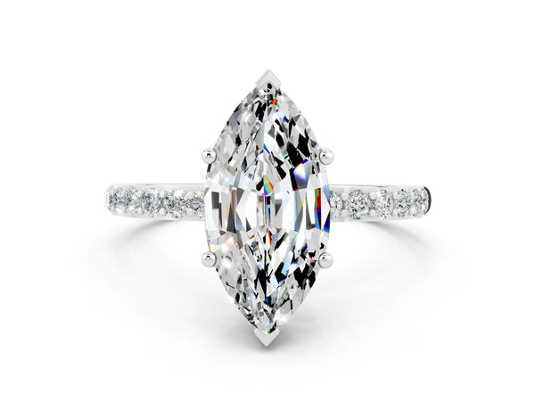 Silver Marquise Cut Moissanite Solitaire Ring with Round Pavé Shoulders and Prong Setting
