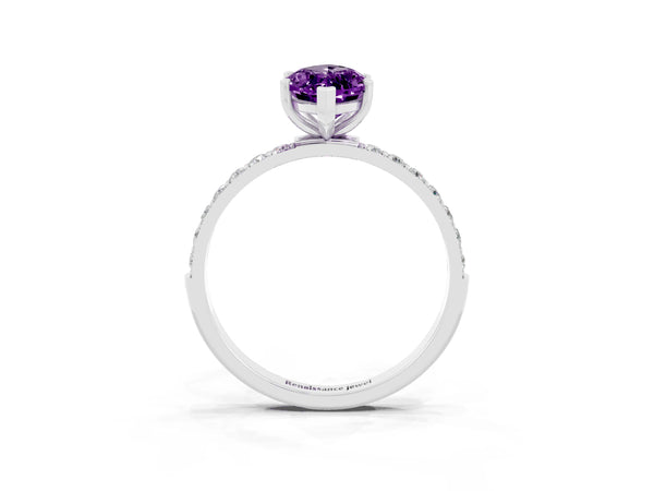 Silver Marquise Cut Amethyst Solitaire Ring with Round Pavé Shoulders and Prong Setting