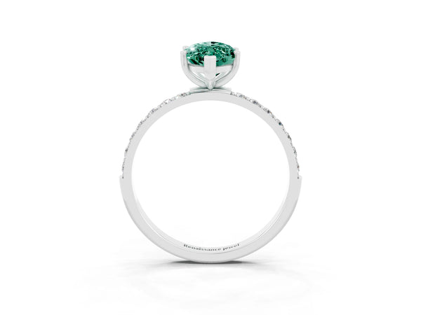 Platinum Marquise Cut Green Sapphire Solitaire Ring with Round Pavé Shoulders and Prong Setting