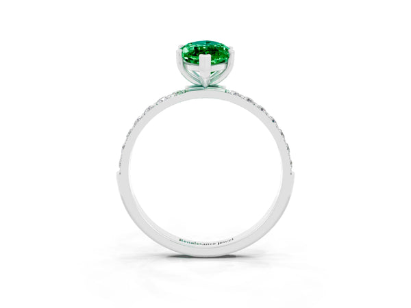 Platinum Marquise Cut Emerald Solitaire Ring with Round Pavé Shoulders and Prong Setting