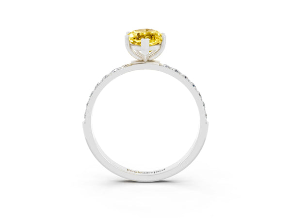 Platinum Marquise Cut Yellow Sapphire Solitaire Ring with Round Pavé Shoulders and Prong Setting